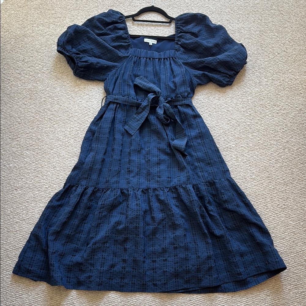 Moon River Navy Blue Puff Sleeve Dress